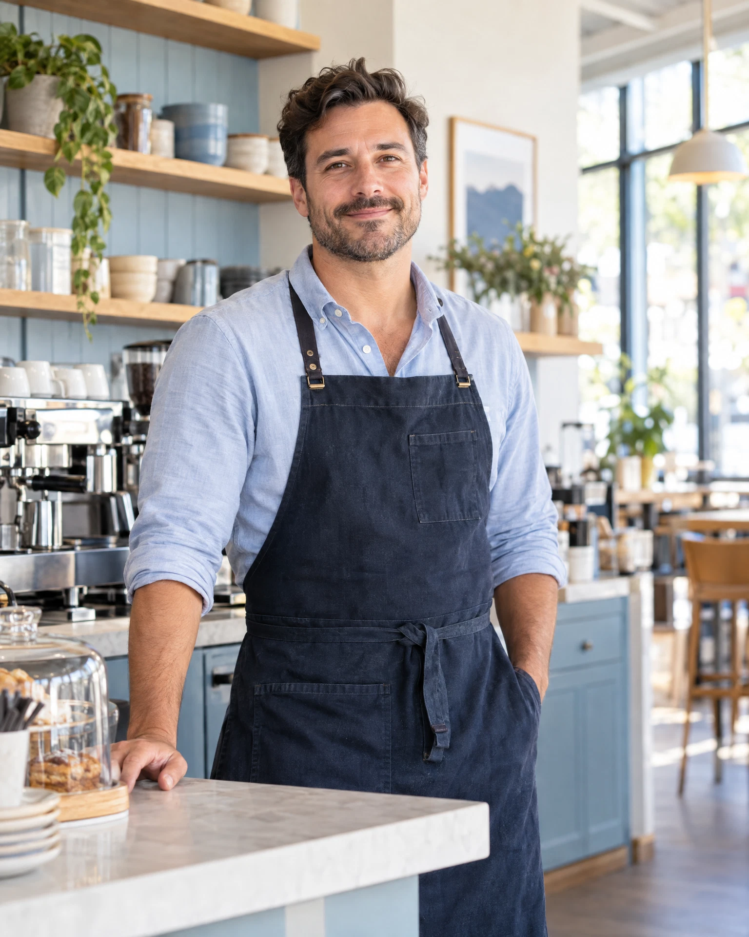 Illustrative small business owner in a bright neighborhood café